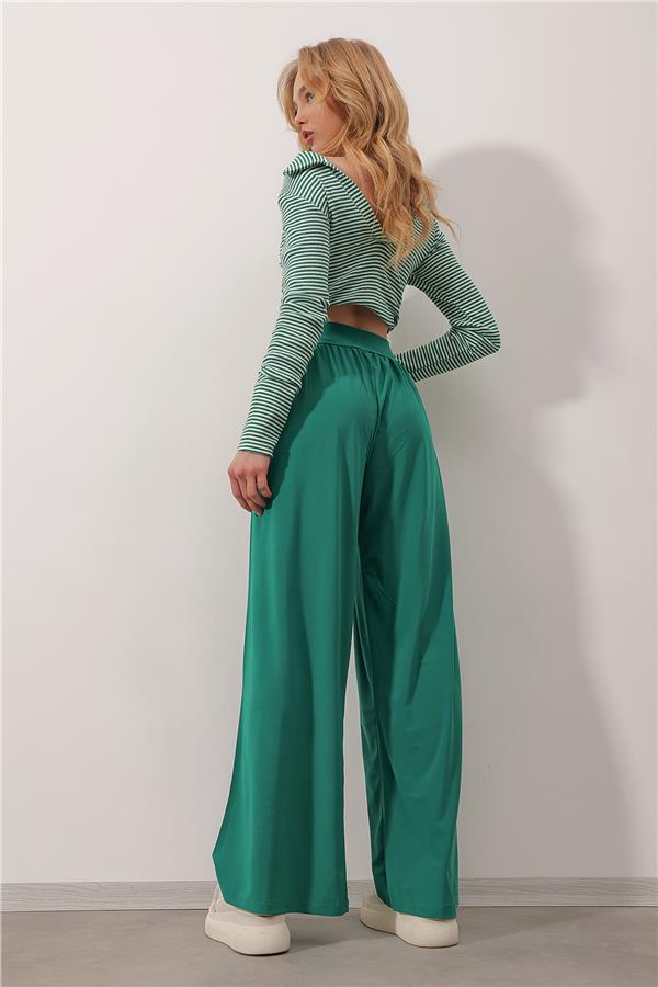 Beli Kuşaklı Bol Paça Sandy Pantolon - Zümrüt Yeşili