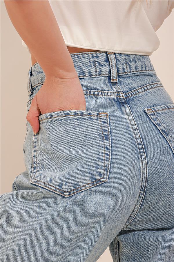 Beş Cepli Yüksek Bel Dizi Yırtıklı Wide Leg Jean Pantolon - Buz Mavi