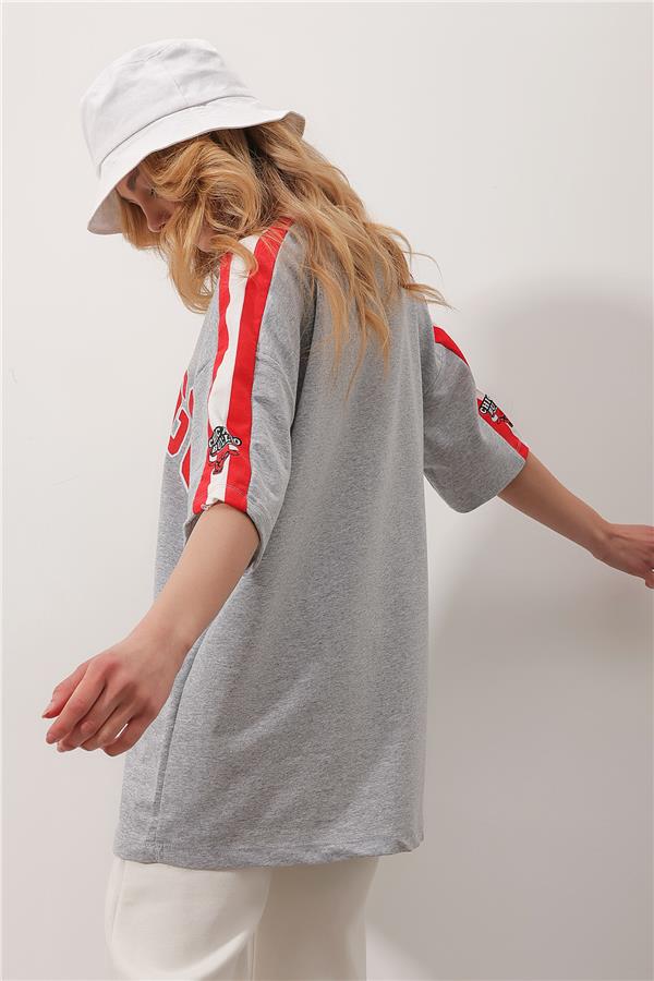 Bisiklet Yaka Dijital Baskılı İki İplik Unisex Oversize T-Shirt - Gri