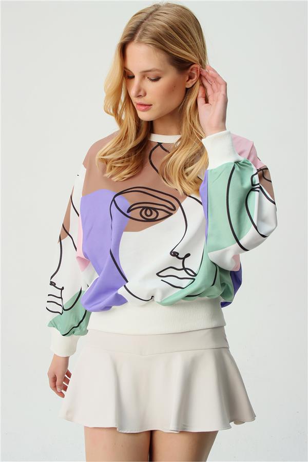 Bisiklet Yaka Dijital Baskılı Sweatshirt - Lila