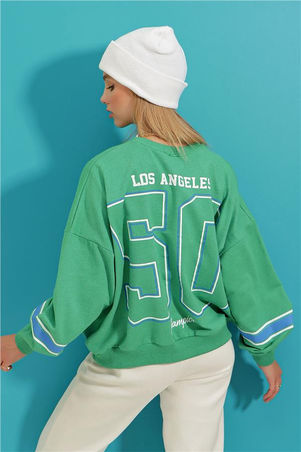 Bisiklet Yaka Dodgers Baskılı Kolu Şeritli Sweatshirt - Yeşil