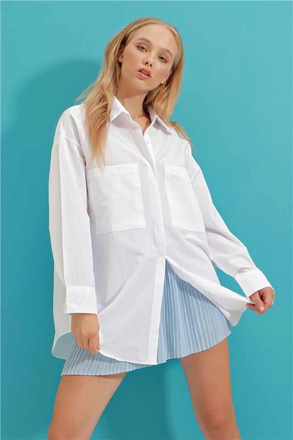Çift Cepli Oversize Poplin Gömlek - Beyaz