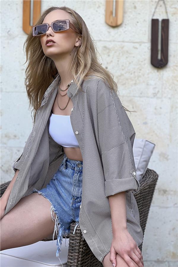 Çizgili Oversize Rahat Kesim Dokuma Gömlek - Siyah