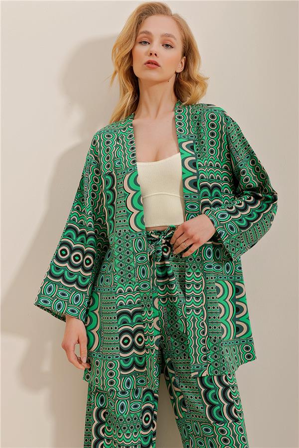 Desenli Keten Kimono Ceket - Yeşil
