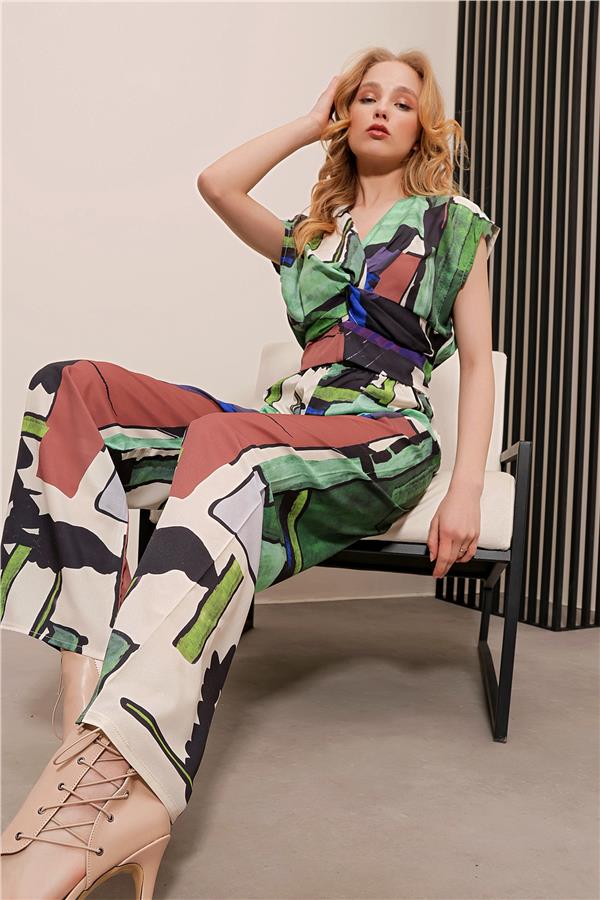 Düğümlü Crop Bluz Ve Pantolonlu Dokuma Takım - Kahve