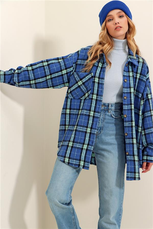 Ekoseli Tek Cepli Oversize Kaşe Gömlek - Saks