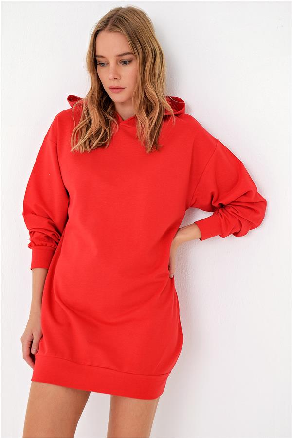 Kapüşonlu Sweatshirt Elbise - Kırmızı