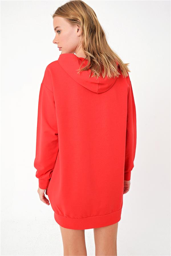 Kapüşonlu Sweatshirt Elbise - Kırmızı