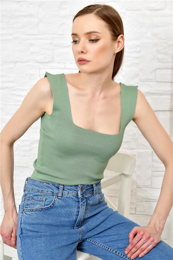 Kare Yaka İnce Merserize Bluz - Yeşil