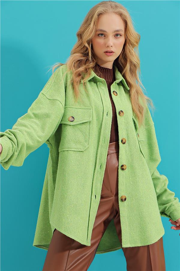 Kaşe Pamuklu Oversize Ceket Gömlek - Açık Yeşil