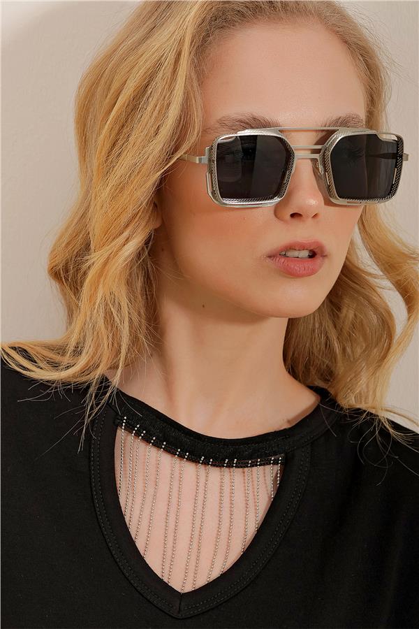 Metal Çerçeveli Kare Unisex Güneş Gözlüğü Siyah - Silver