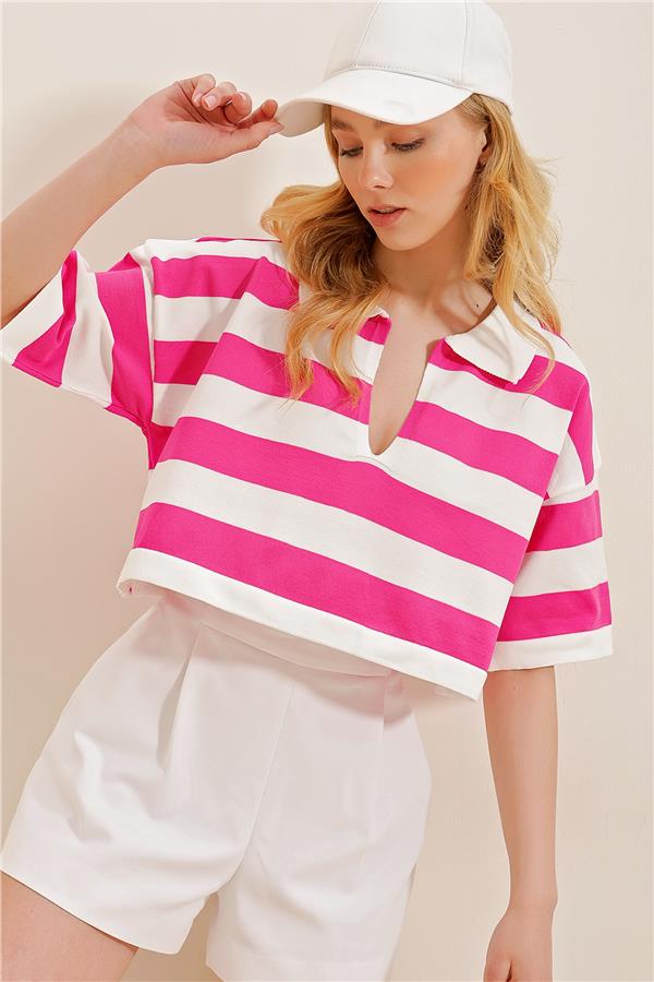 Polo Yaka Çizgili Crop Yazlık Triko Bluz - Fuşya