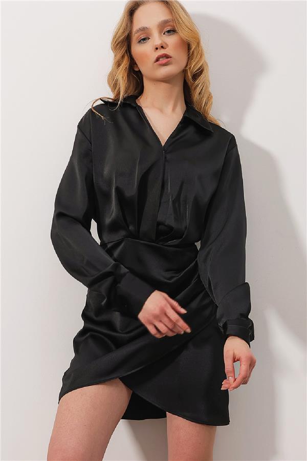 Polo Yaka Yanları Drapeli Kendinden Dokulu Anvelop Elbise - Siyah