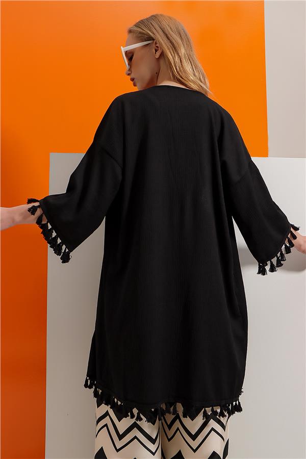 Püskül Detaylı Örme Krınkle Kimono - Siyah