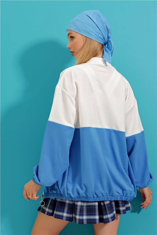 Renk Bloklu Çift Cepli Elastik Bel Fermuarlı Sweatshirt - Mavi