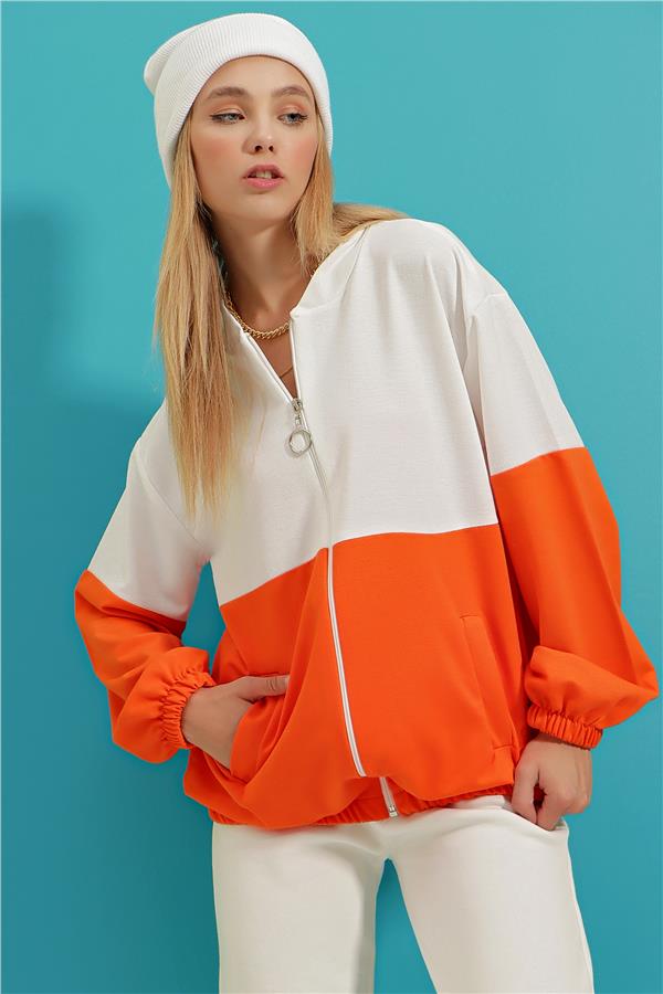 Renk Bloklu Çift Cepli Elastik Bel Fermuarlı Sweatshirt - Turuncu