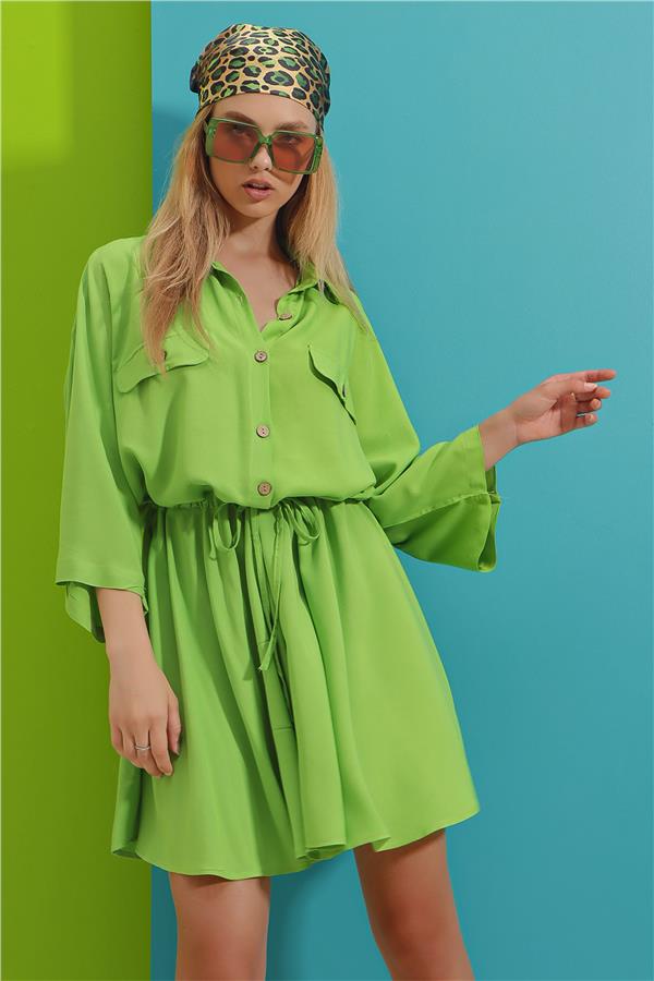 Safari Dokuma Gömlek Elbise - Açık Yeşil