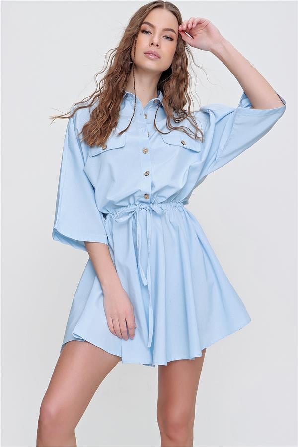 Safari Dokuma Gömlek Elbise - Mavi
