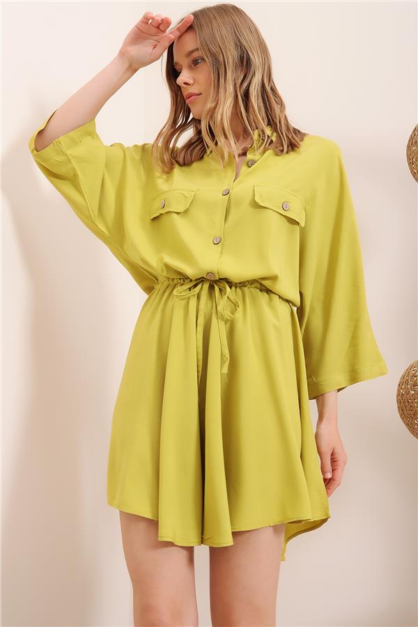 Safari Dokuma Gömlek Elbise - Olive