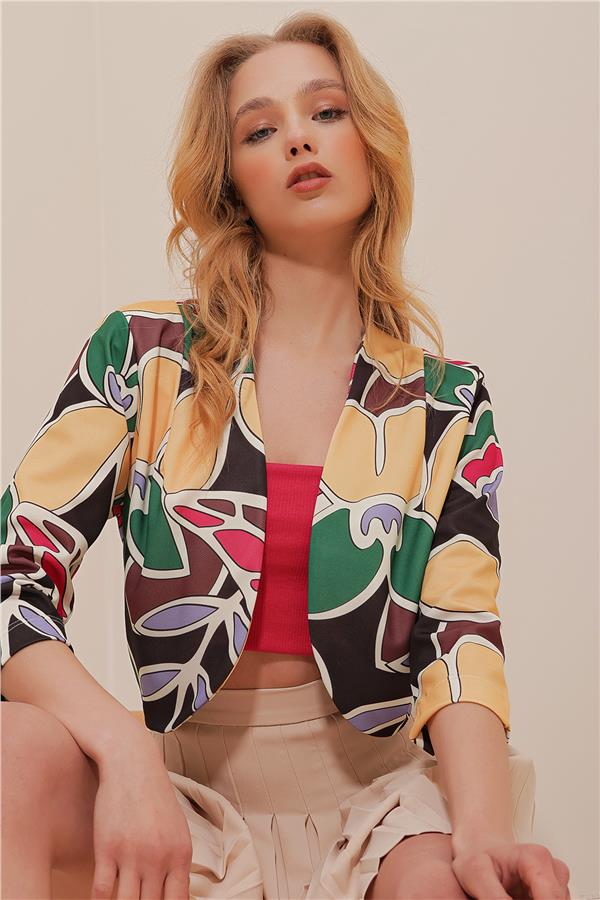 Şal Yaka Desenli Crop Ceket - Hardal