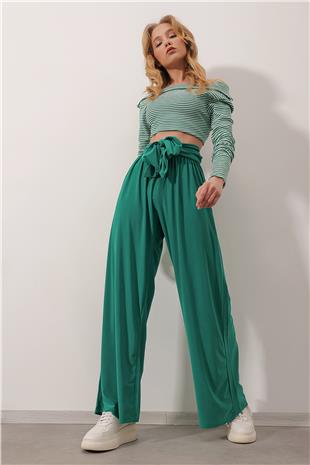 Beli Kuşaklı Bol Paça Sandy Pantolon - Zümrüt Yeşili