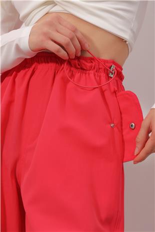Beli Lastikli Çıtçıt Kapama Cepli Paraşut Kumaş Jogging Pantolon - Fuşya