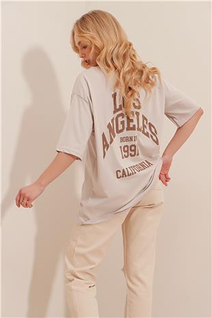 Bisiklet Yaka Baskılı Oversize T-Shirt - Bej