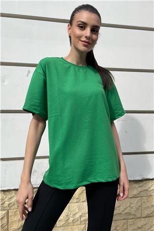 Bisiklet Yaka İki İplik Oversize T-Shirt - Yeşil