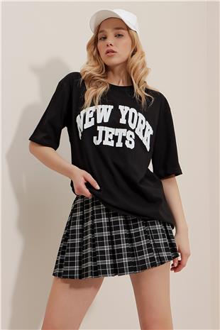 Bisiklet Yaka Kabartma Baskılı Oversize T-Shirt - Siyah