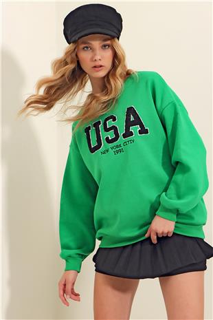 Bisiklet Yaka Önü Süzene Nakışlı İçi Polarlı Kışlık Sweatshirt - Yeşil