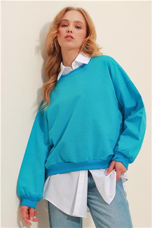 Bisiklet Yaka Oversize Basic Sweatshirt - Turkuaz Mavisi