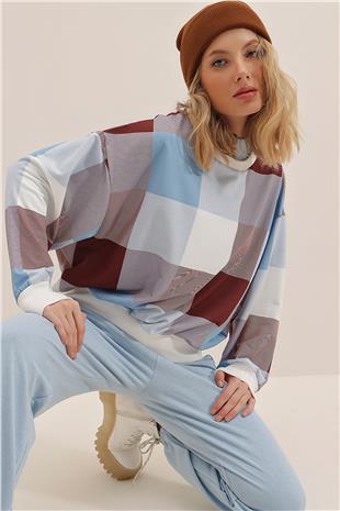 Bisiklet Yaka Uzun Kollu Dama Desenli Sweatshirt - Mavi