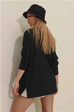 Bisiklet Yaka Yanları Yırtmaçlı Oversize Mevsimlik Basic Bluz - Siyah