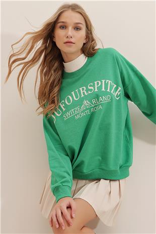 Bisiklet Yaka Yazı Baskılı Oversize Sweatshirt - Yeşil