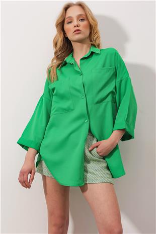 Çift Cepli Yarım Kol Oversize Dokuma Gömlek - Yeşil