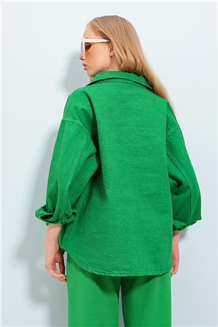 Çift Cepli Yıkamalı Oversize Denim Ceket - Yeşil