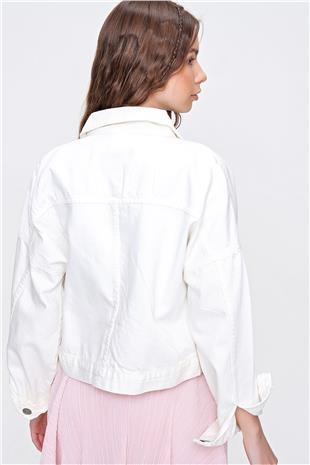Crop Denım Ceket - Beyaz