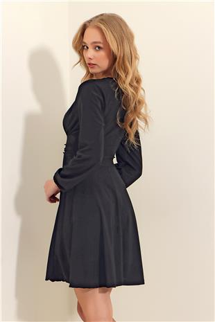 Derin V Yaka Kloş Sandy Elbise - Siyah