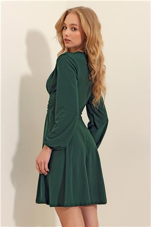 Derin V Yaka Kloş Sandy Elbise - Yeşil