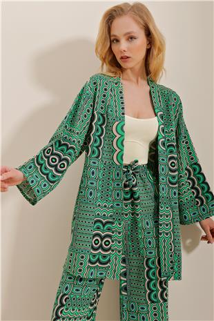 Desenli Keten Kimono Ceket - Yeşil