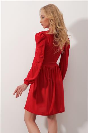 Dik Yaka Cut Out Kloş Sandy Elbise - Kırmızı