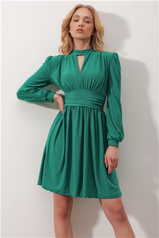 Dik Yaka Cut Out Kloş Sandy Elbise - Yeşil