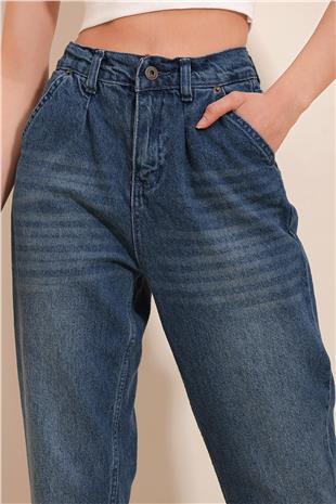 Dört Cepli Yüksek Bel Beli Lastikli Mom Jeans - KOYU MAVİ