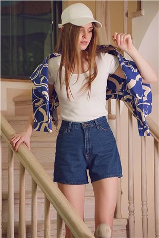 Duble Paça Yüksek Bel Denim Şort - Lacivert
