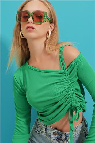 Düşük Omuz Yanı Büzgülü Fitilli Bluz - Yeşil