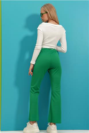Elastik Bel Önü Dikişli Flare Dokuma Pantolon - Yeşil