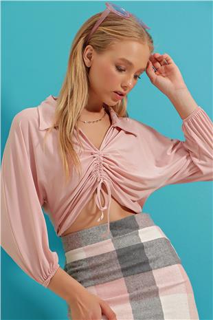 Gömlek Yaka Önü Büzgülü Sandy Crop Bluz - Pembe