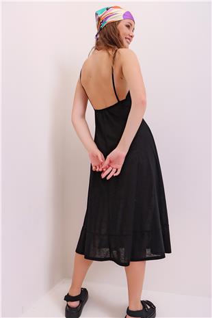 İp Askılı Beli Nakış İşlemeli Sırtı Lastikli Elbise - Siyah
