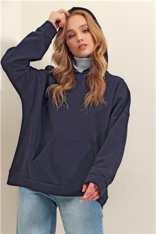 Kapüşonlu Kanguru Cepli 3 İplik Kalın Sweatshirt - Lacivert