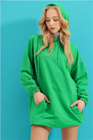 Kapüşonlu Kanguru Cepli Oversize  Sweatshirt - Yeşil